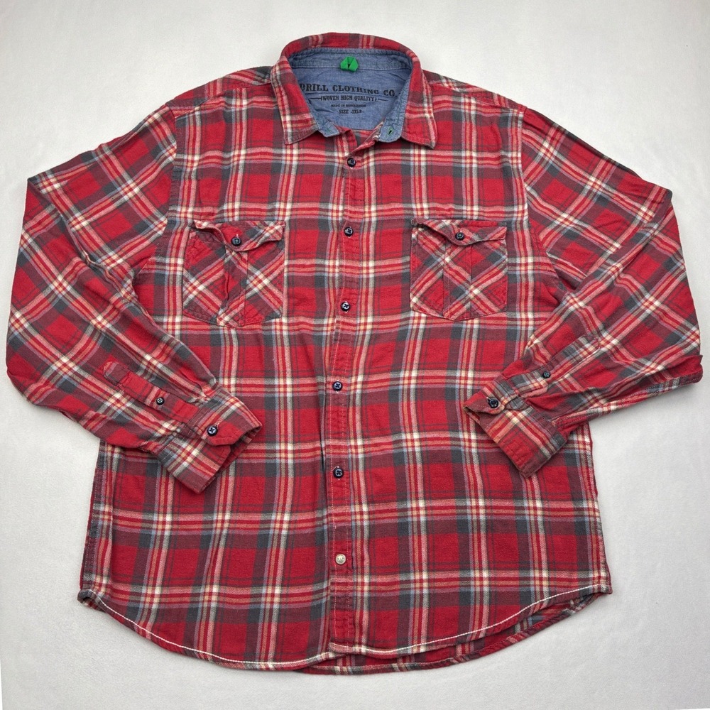 Drill Clothing Co Flannel Shirt Mens 2XLB Red Plaid Long Sleeve Button Down Big